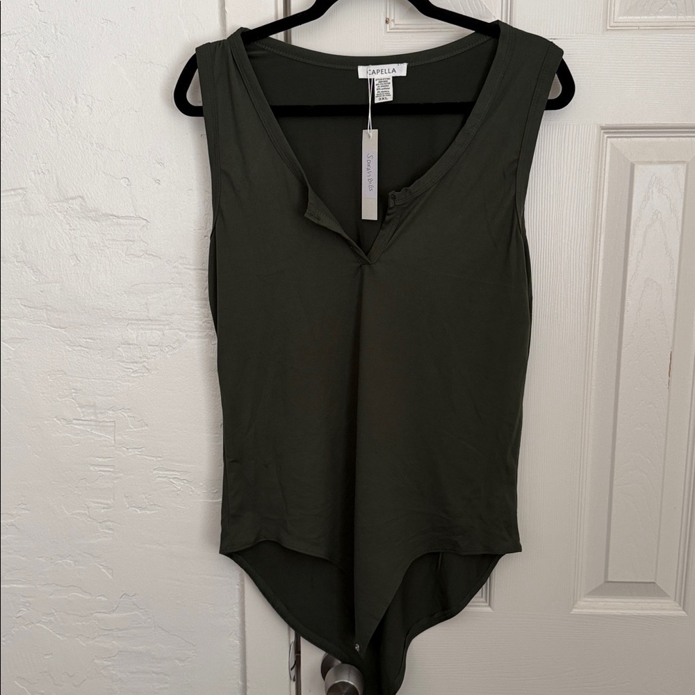 Capella Olive Green Sleeveless V-Neck Bodysuit